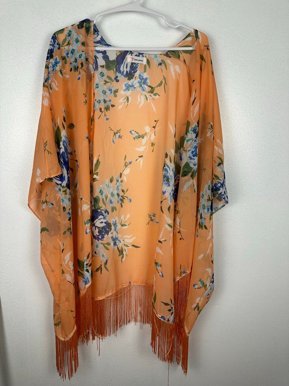 Soul Young kimono cover-up peach open-front floral pattern fringe hem M/L
